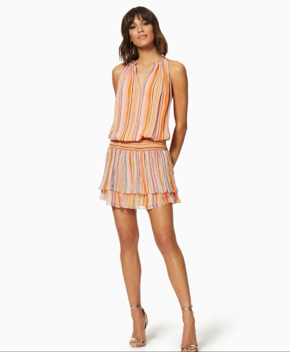 Ramy Brook Tobie 100% Silk Striped Smocked Tiered Mini Dress Orange M